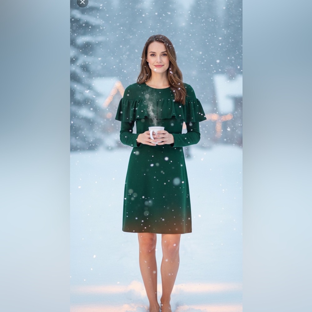 Ann Taylor Dark Green Ruffled Sweater Dress - Large Petite
